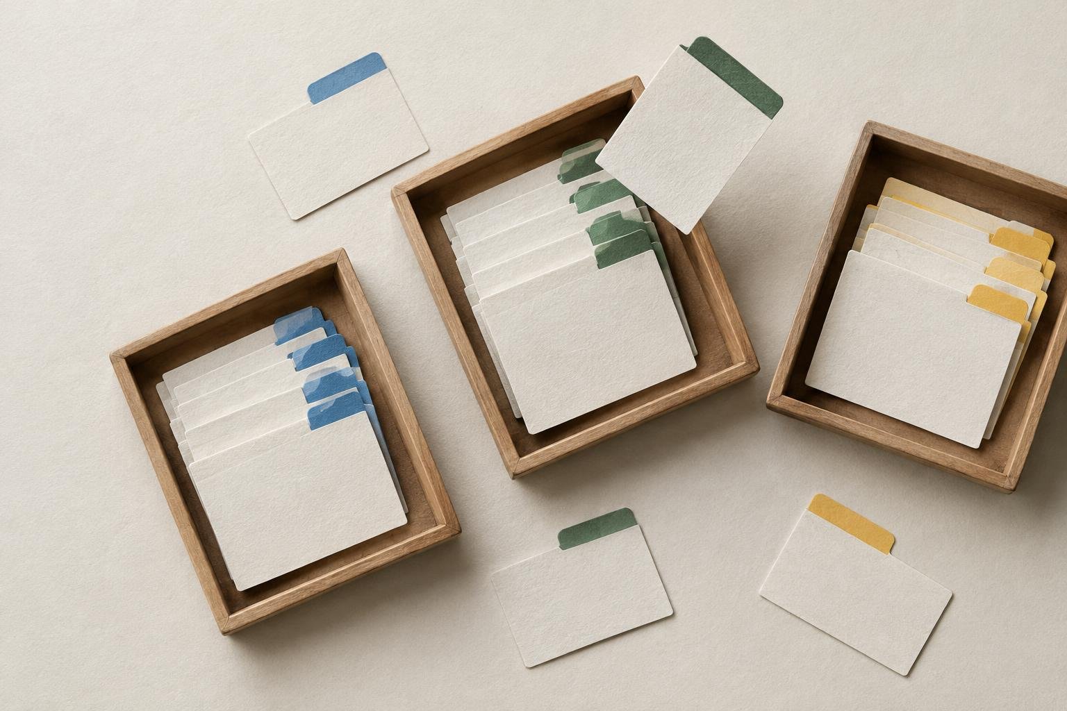 Paper article cards being sorted into broad groups, with colored tabs linking related posts across categories.