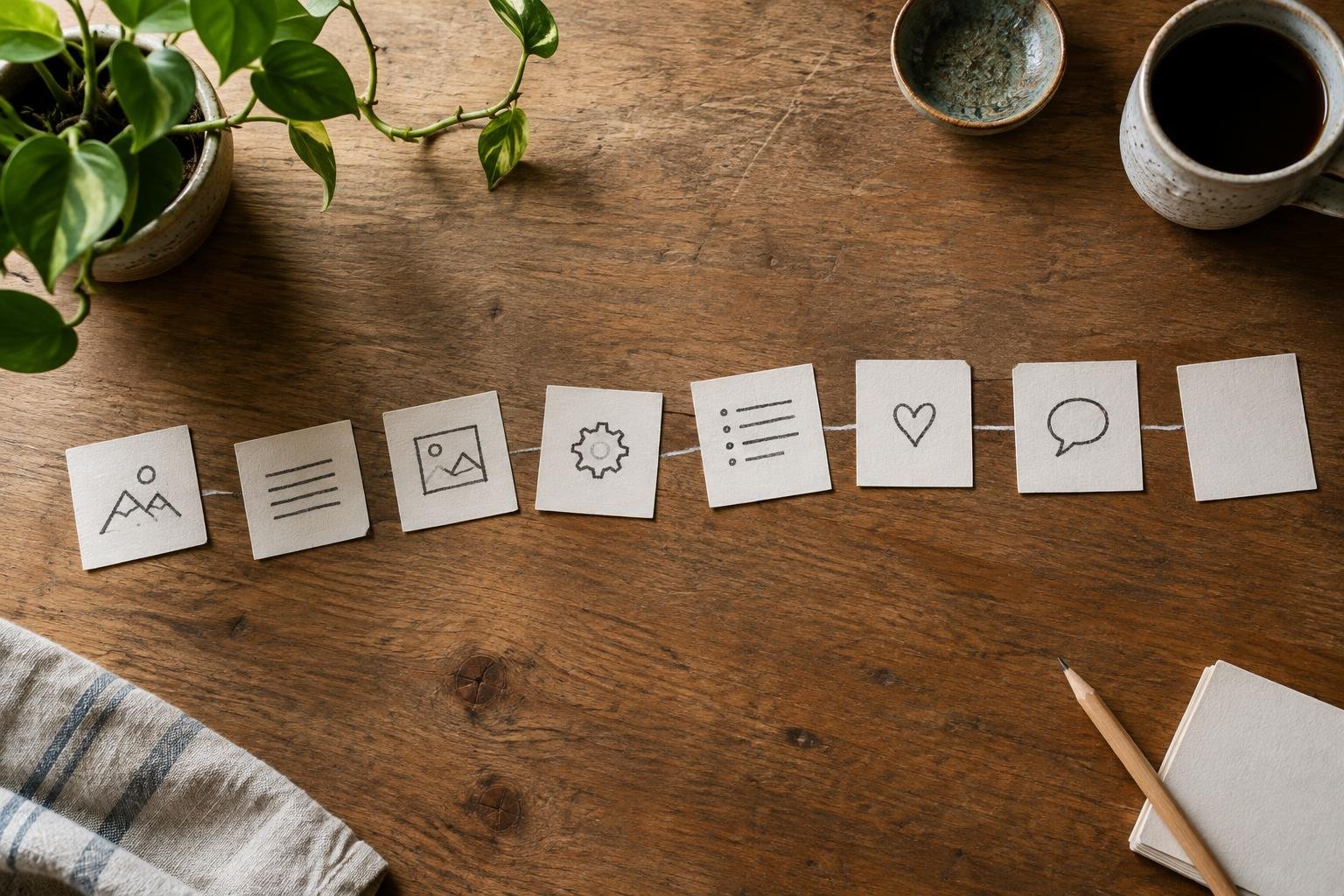 Index cards arranged in sequence to plan the sections of a blog post before drafting