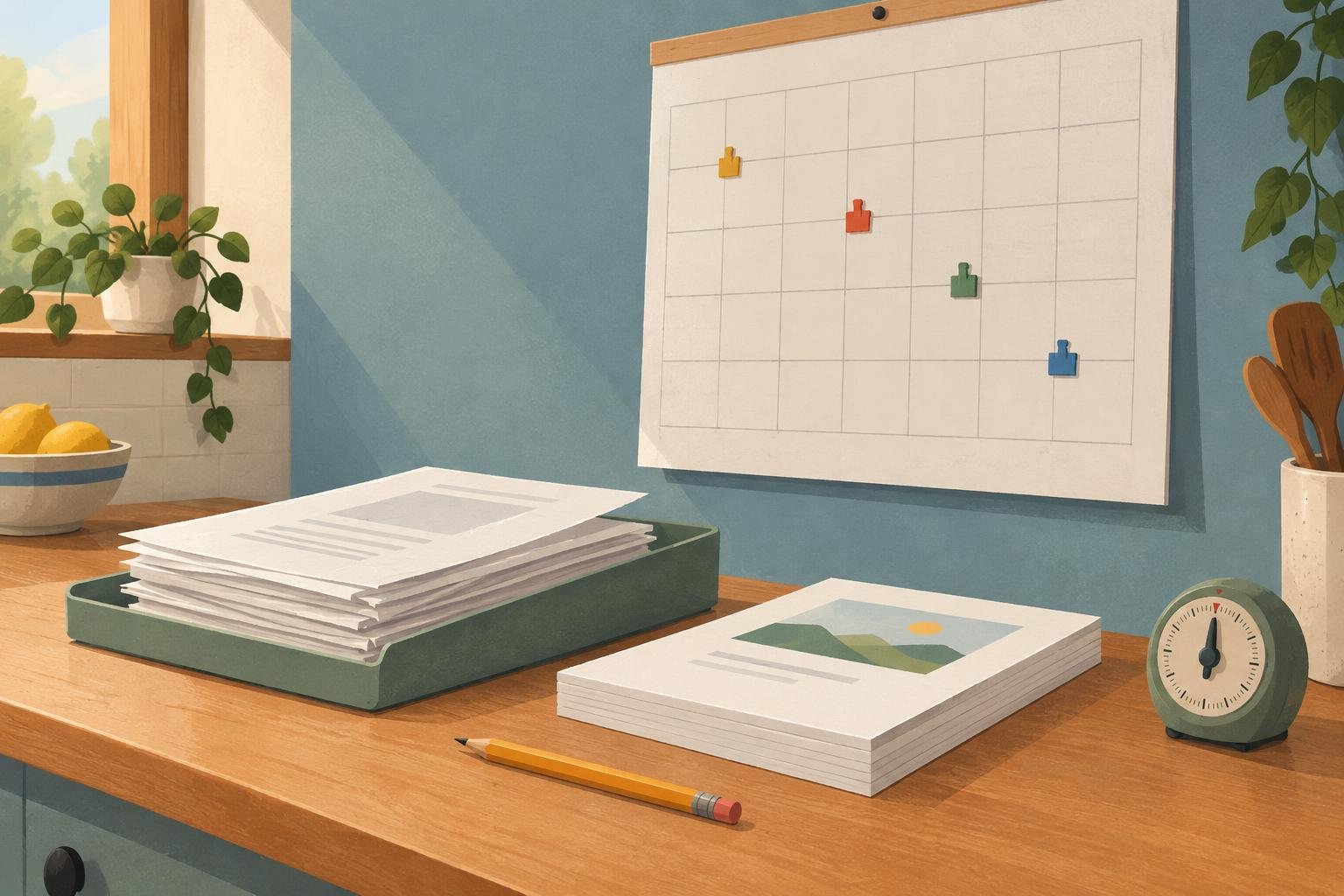 Paper calendar with marked publishing dates and draft pages arranged beneath it