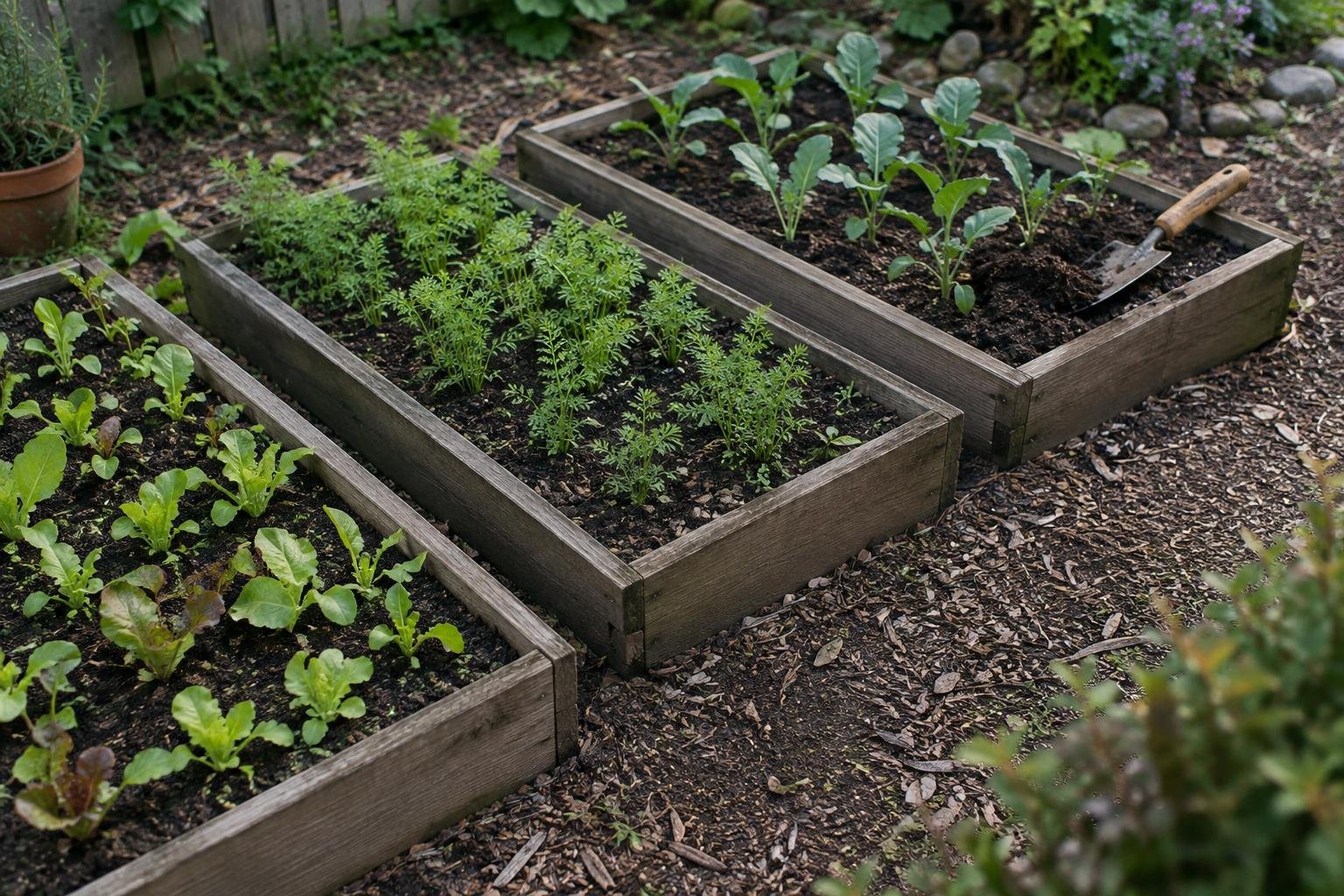 Three small garden beds with different seedlings, illustrating how a blogger can compare topic ideas before choosing a focus.