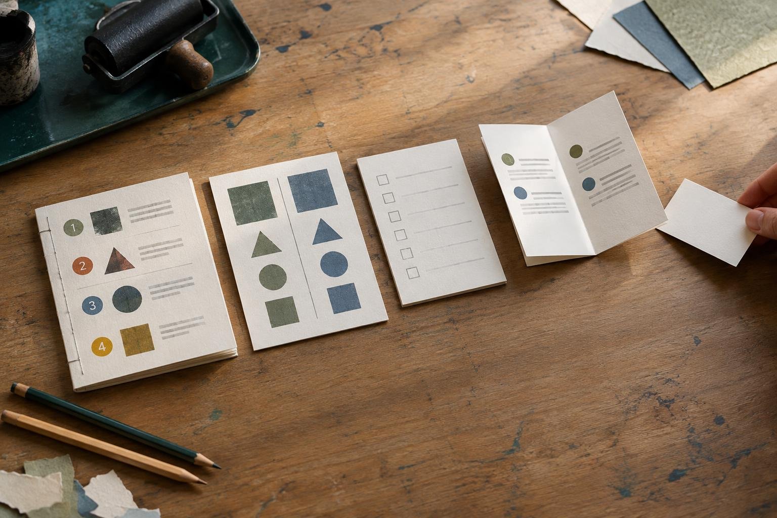 A hand matches a topic slip to one of several printed page structures, showing how a post format can fit a reader’s needs.