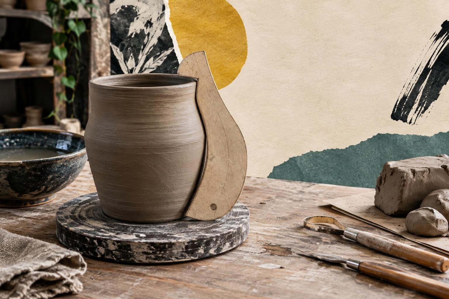 A potter checks a clay vessel against a measuring template before shaping it, illustrating how a clear plan guides a finished piece.