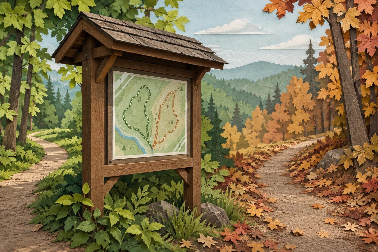 A woodland trail map kiosk stands at a path fork, suggesting information that stays useful as conditions change.