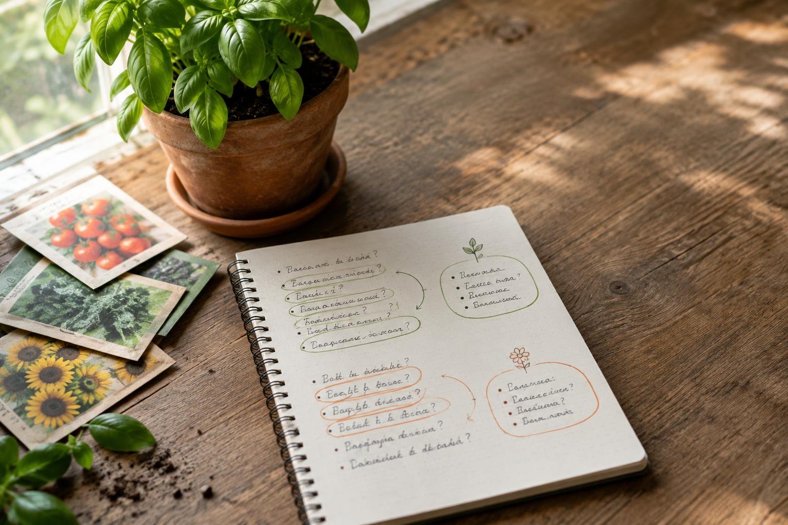 Handwritten gardening questions grouped beside seed packets and a basil plant to represent choosing focused blog topics
