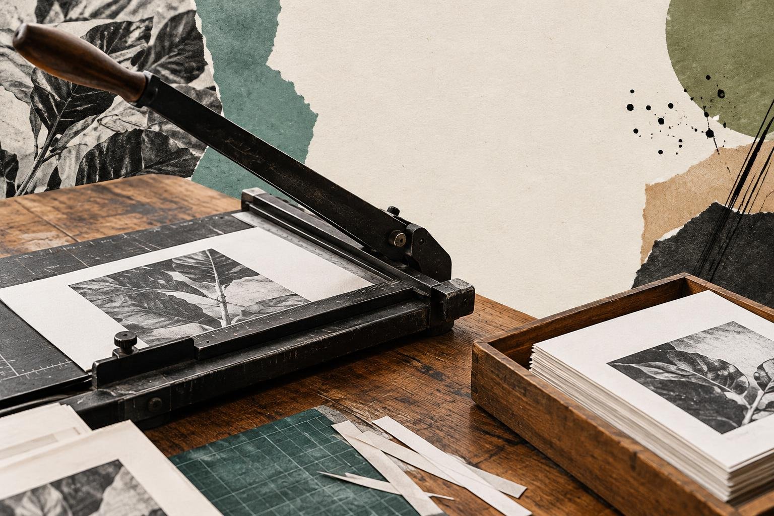 A printed article page aligned beneath a paper cutter, representing the careful final edits before a blog post is published.