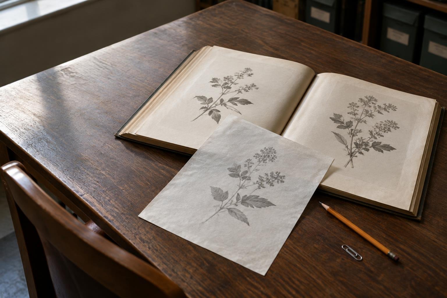A hand compares a draft page with an original source document on an archive reading table.