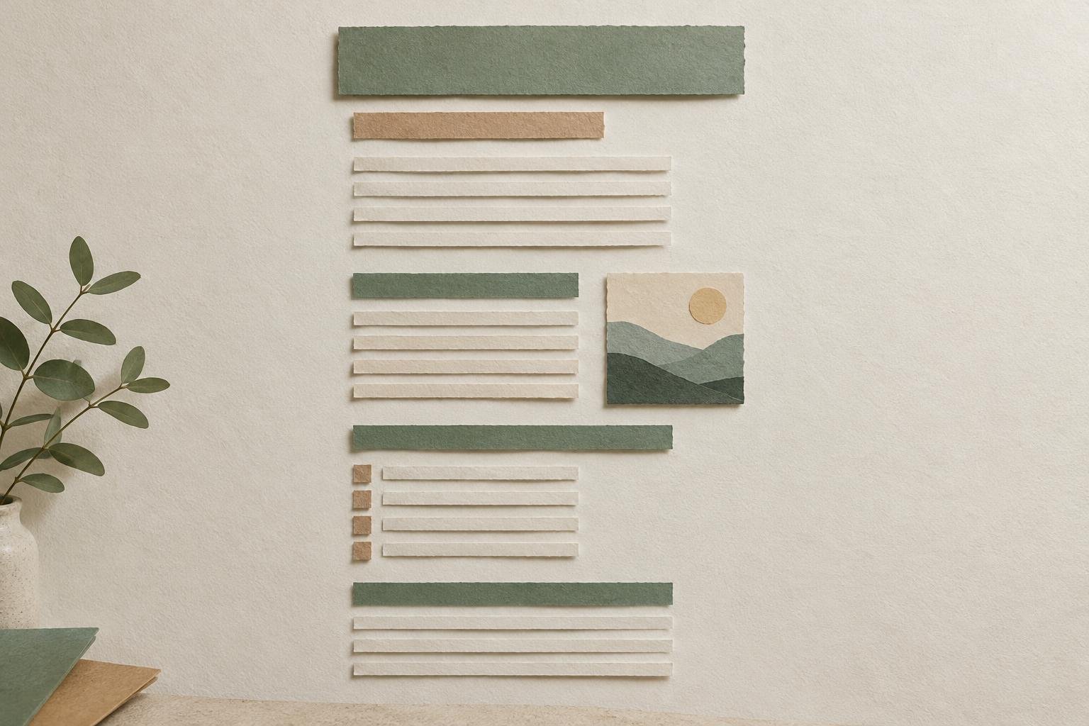 Paper blocks arranged as a simple article layout, showing section headings, short paragraphs, a list, and an image area.