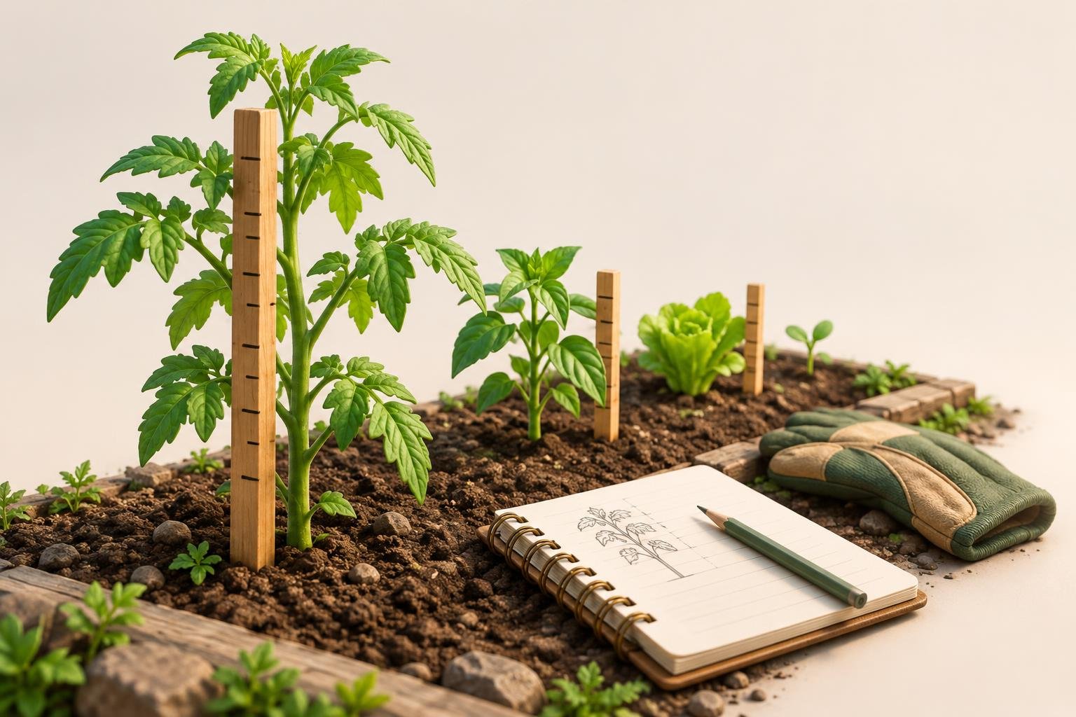 A gardener measures young plants and records their growth in a field notebook, illustrating a steady approach to tracking blog results.