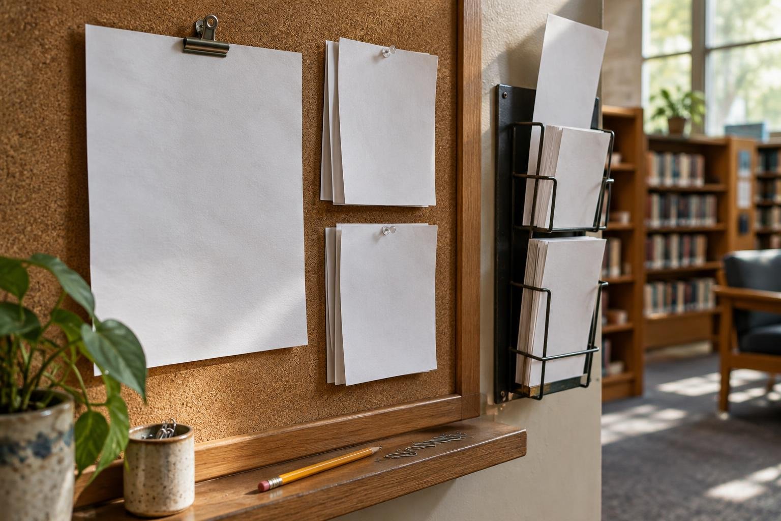 A printed article and blank take-away sheets arranged on a community noticeboard to represent sharing a blog post with readers.