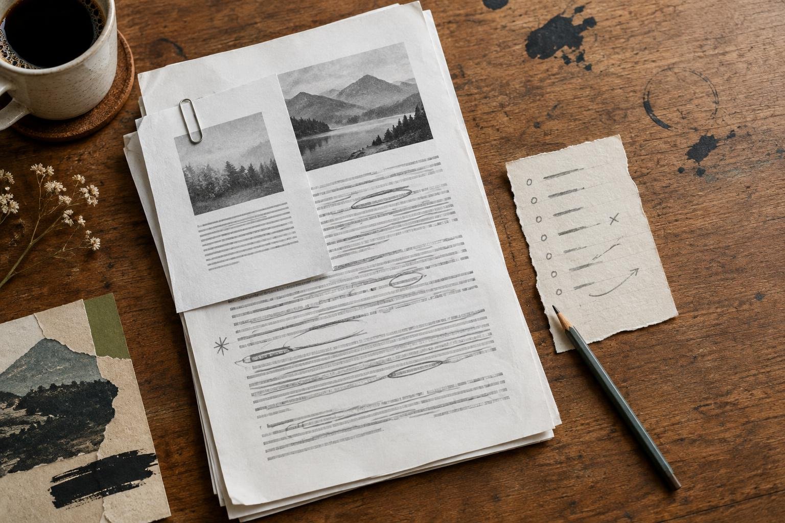 Printed article pages marked for revision beside a short list of updates