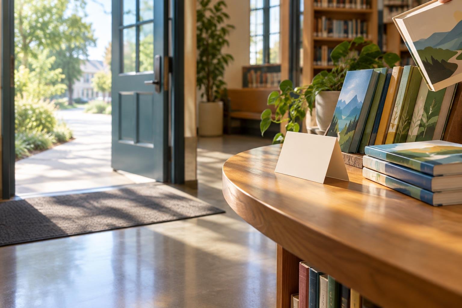 A library entry table with guidebooks and a blank card, suggesting a helpful introduction that guides new readers toward useful resources.
