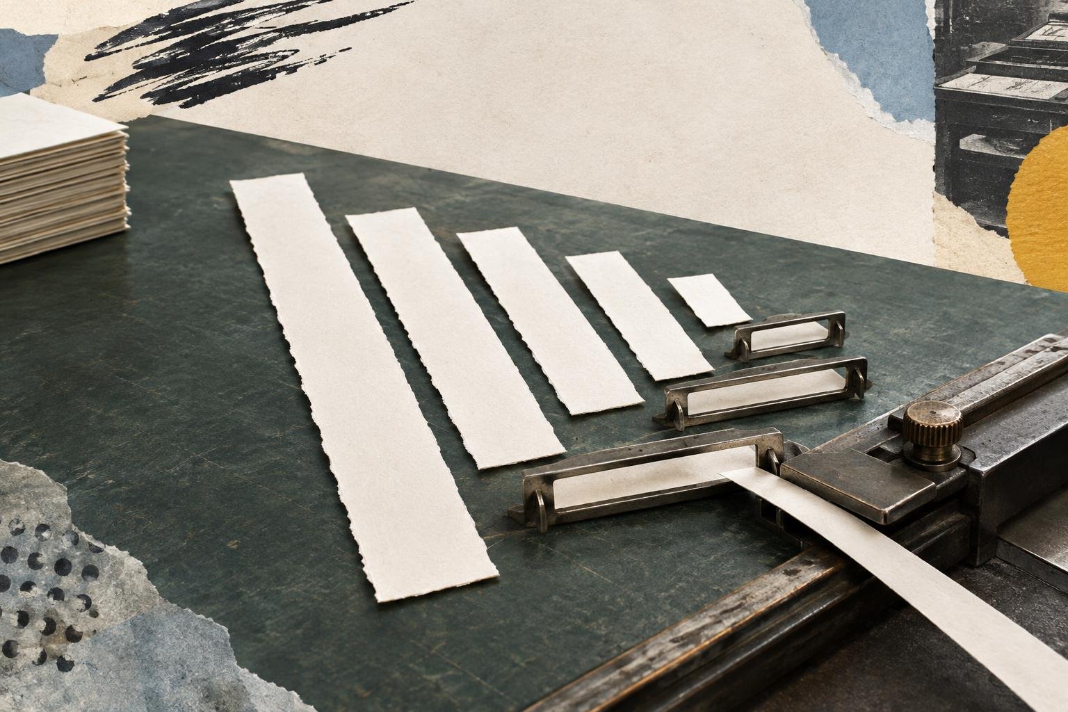Paper summary strips being trimmed and sorted to show how a concise blog description is edited.