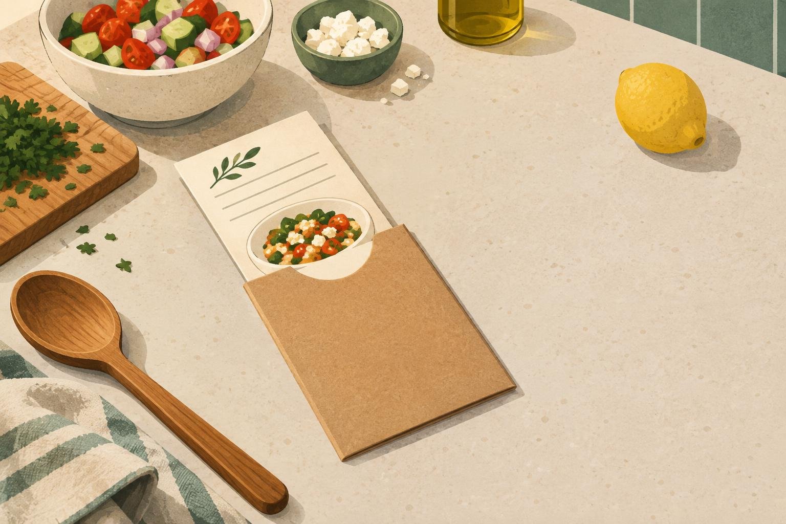 A finished recipe card placed beside prepared ingredients, illustrating how a clear ending can lead to a practical next step.