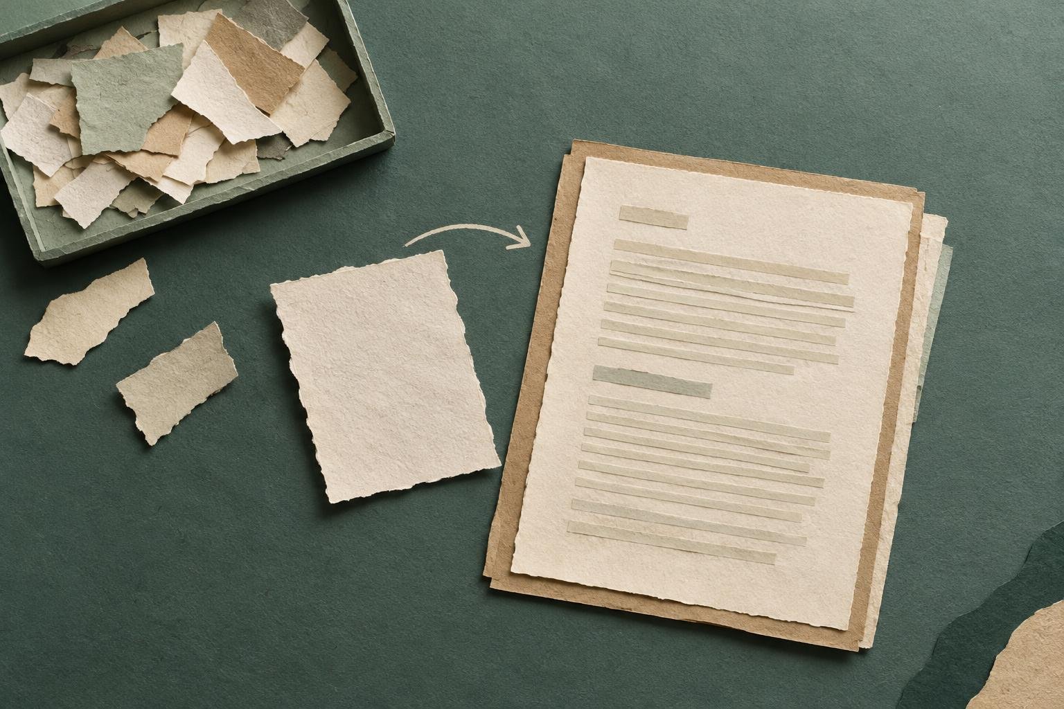 Loose notes arranged beside a growing manuscript, showing how fragments can become an organized blog post