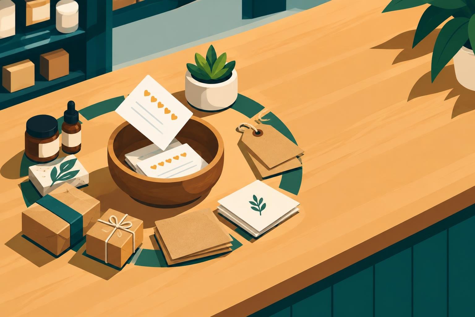 A customer feedback card placed among product samples on a small business counter, representing social media conversations and customer relationships.